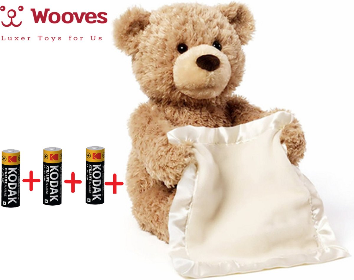 Kiekeboe beer|Inclusief Batterijen|Teddy beer|Interactieve knuffel|Peek-A-Boo|Pratende beer|Hide and Seek|Bruin|30 CM